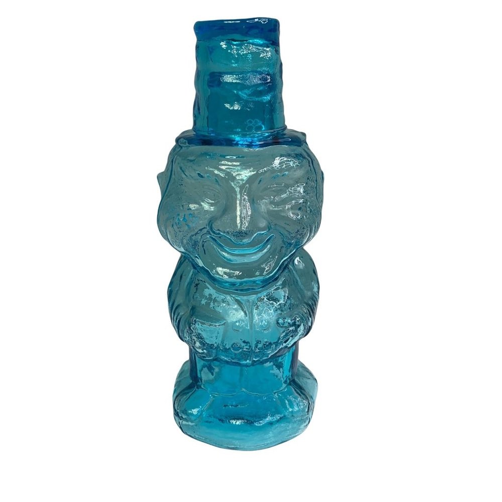 Vintage Tiara Blue Glass Jolly Mountaineer Decanter and Shot Figural Man WC Fiel